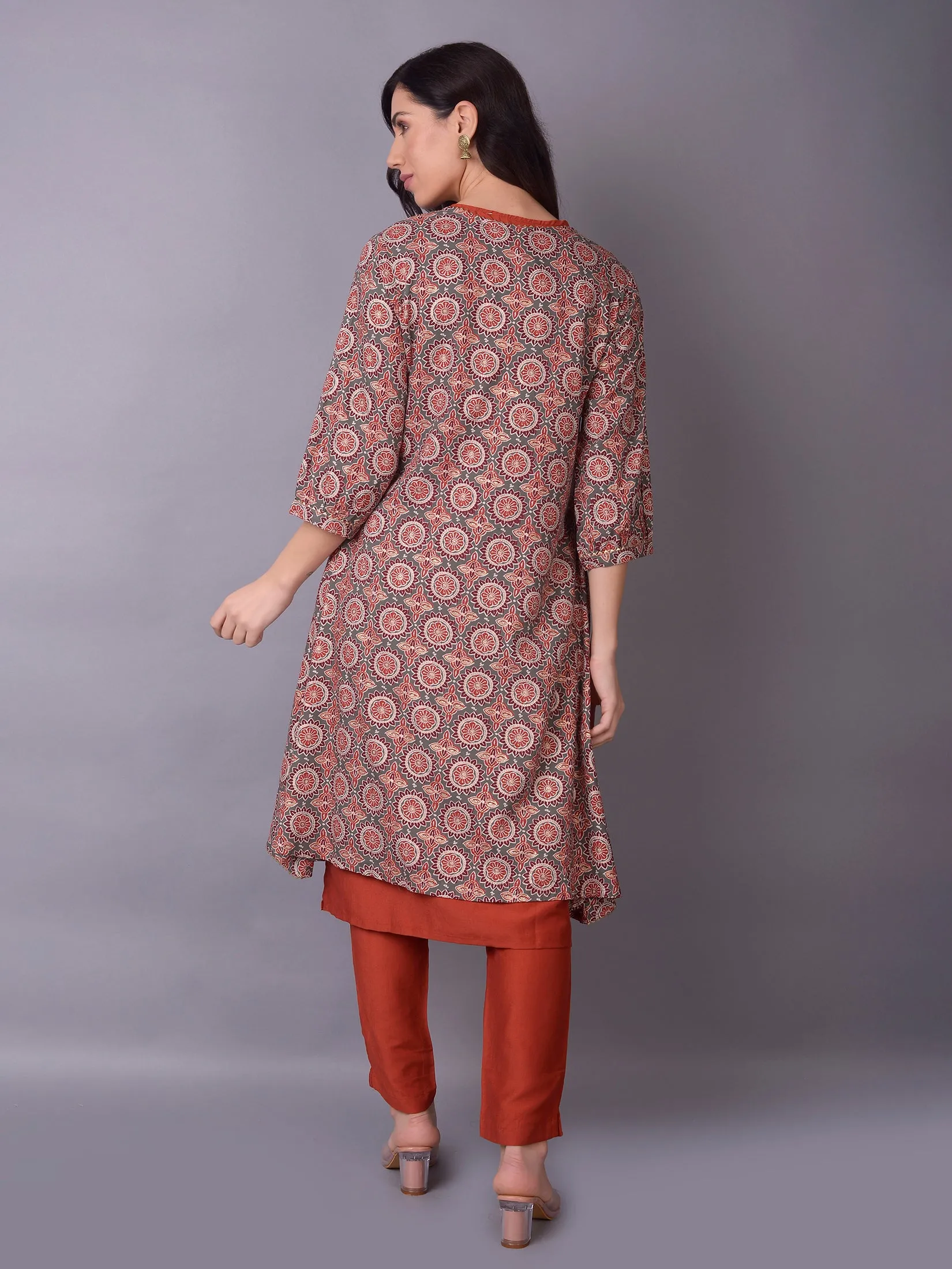 Women Grey Ornamental Printed Kurta Trouser Jacket