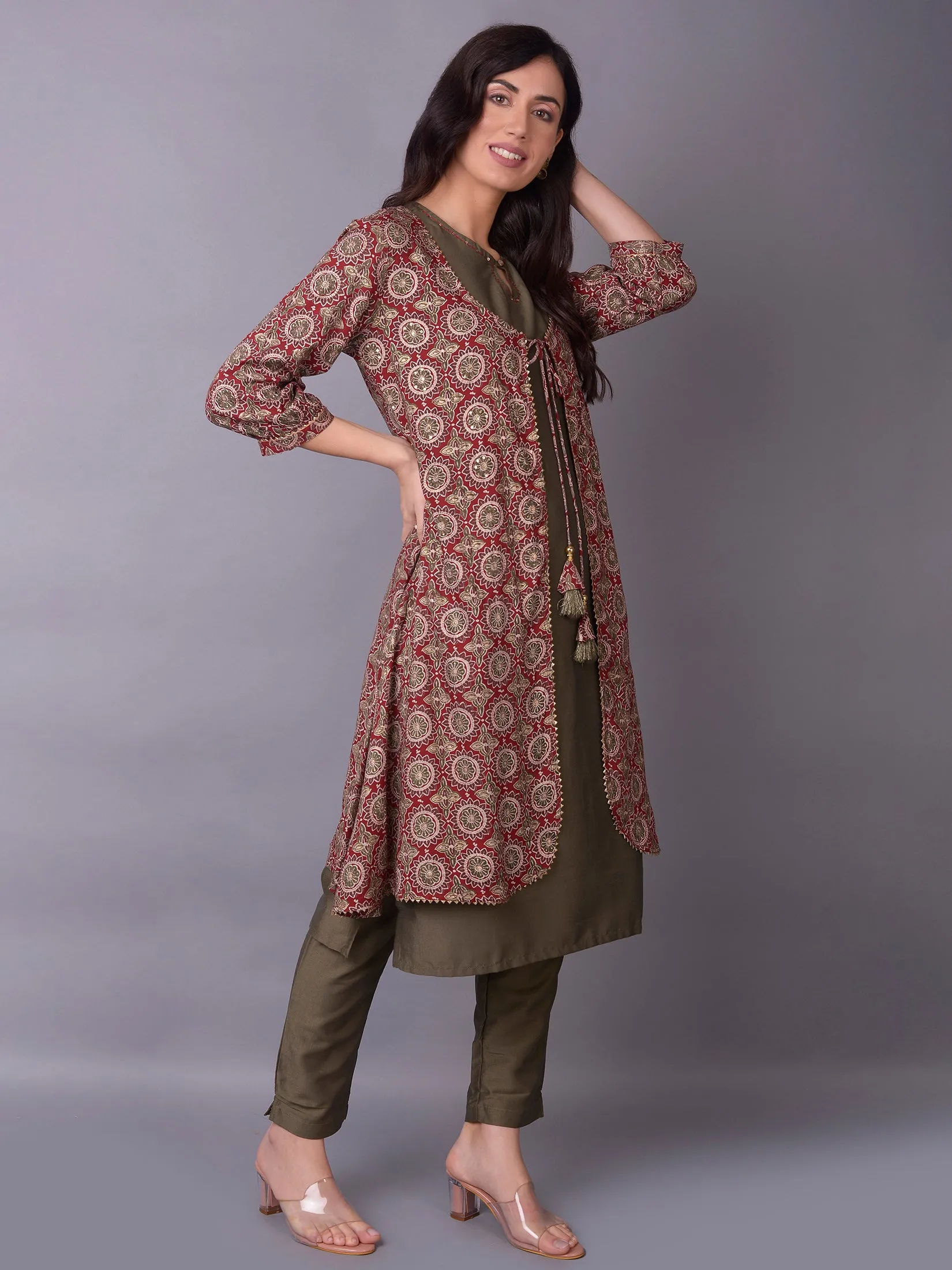 Women Maroon Ornamental Printed Kurta Trouser Jacket