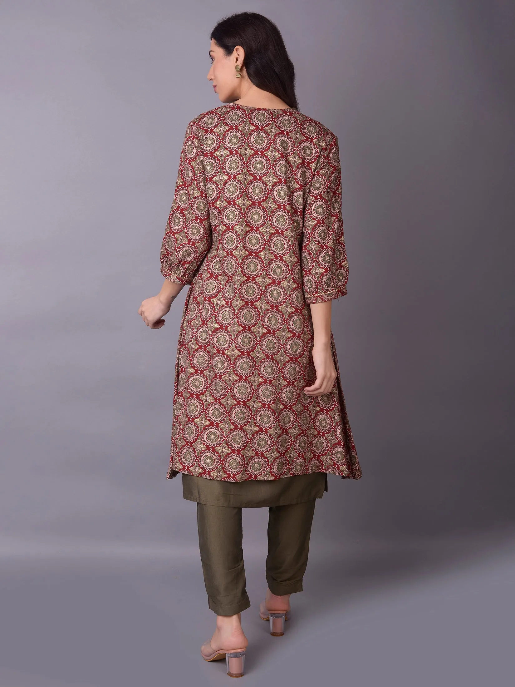 Women Maroon Ornamental Printed Kurta Trouser Jacket