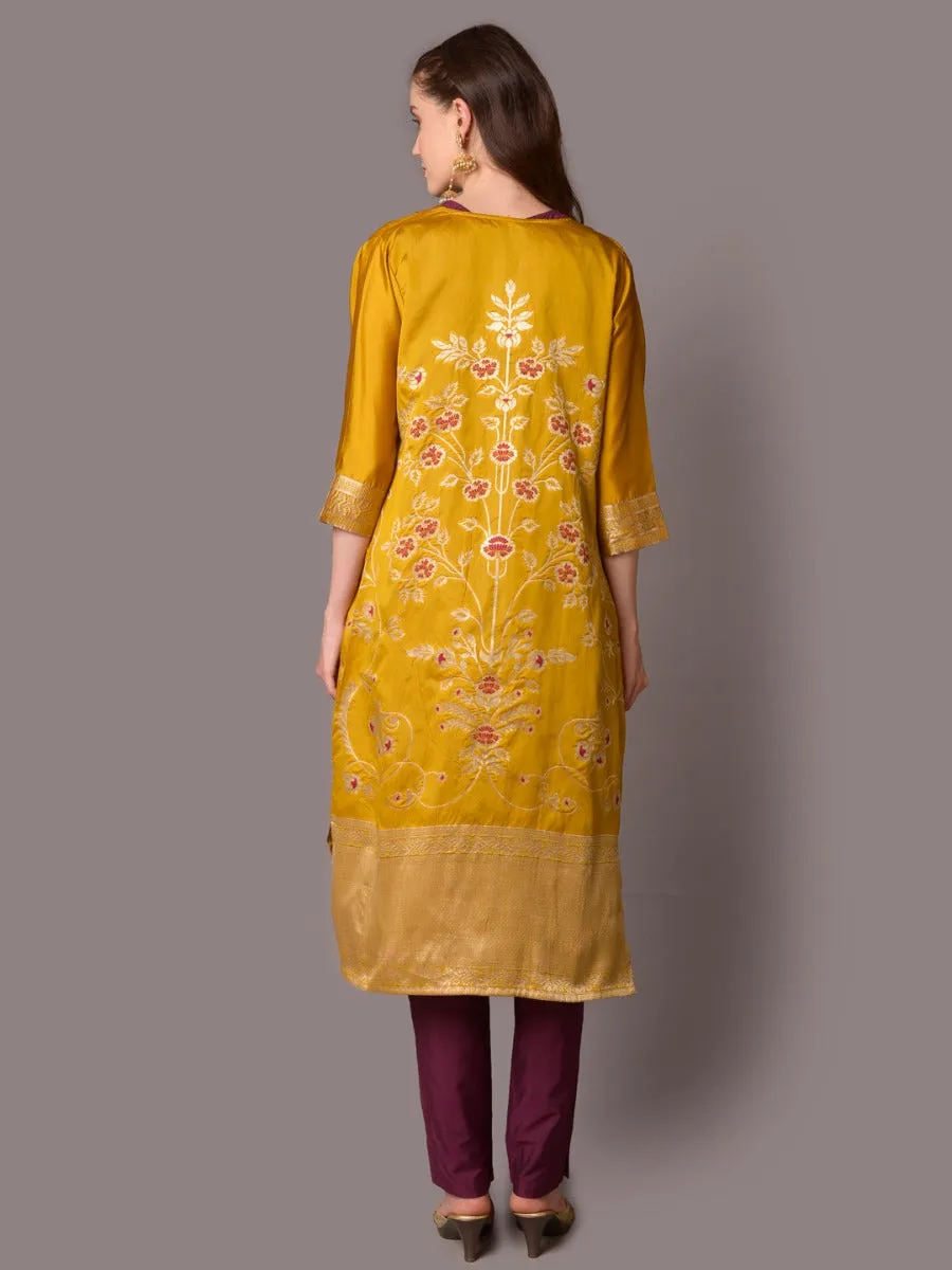 Women Mustard Ornamental Printed Kurta Trouser Jacket