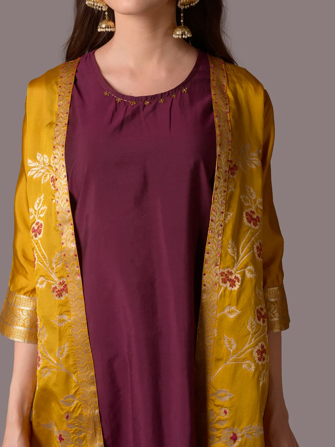 Women Mustard Ornamental Printed Kurta Trouser Jacket