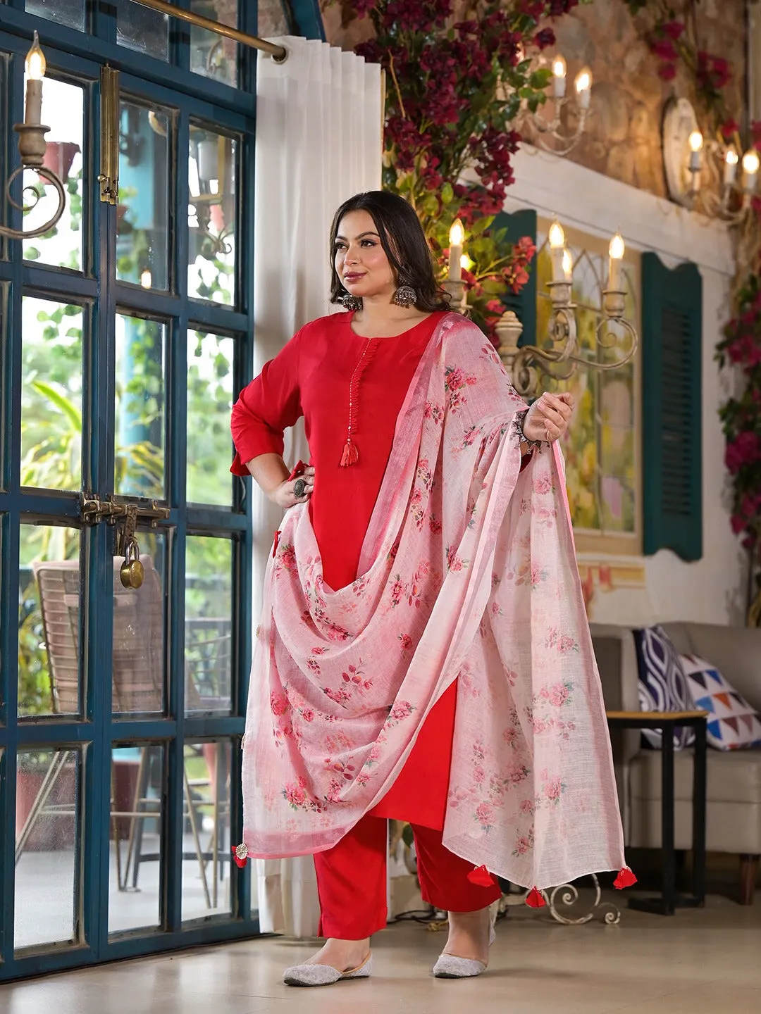 Women Plus Size Red Viscose Rayon Kurta Set With Dupatta