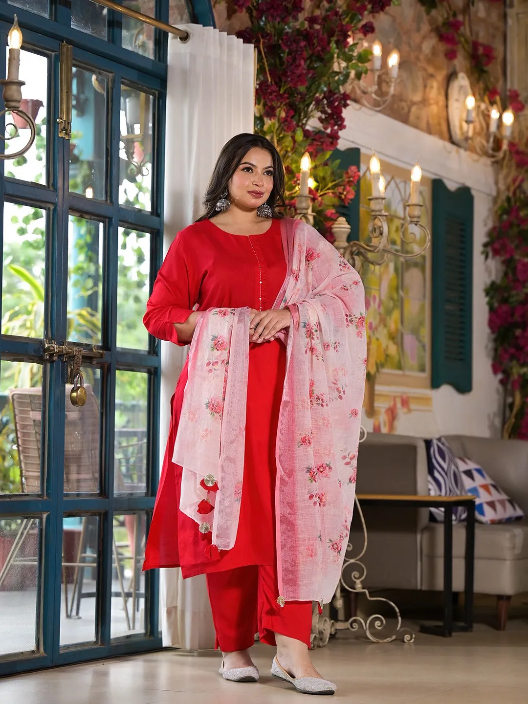 Women Plus Size Red Viscose Rayon Kurta Set With Dupatta