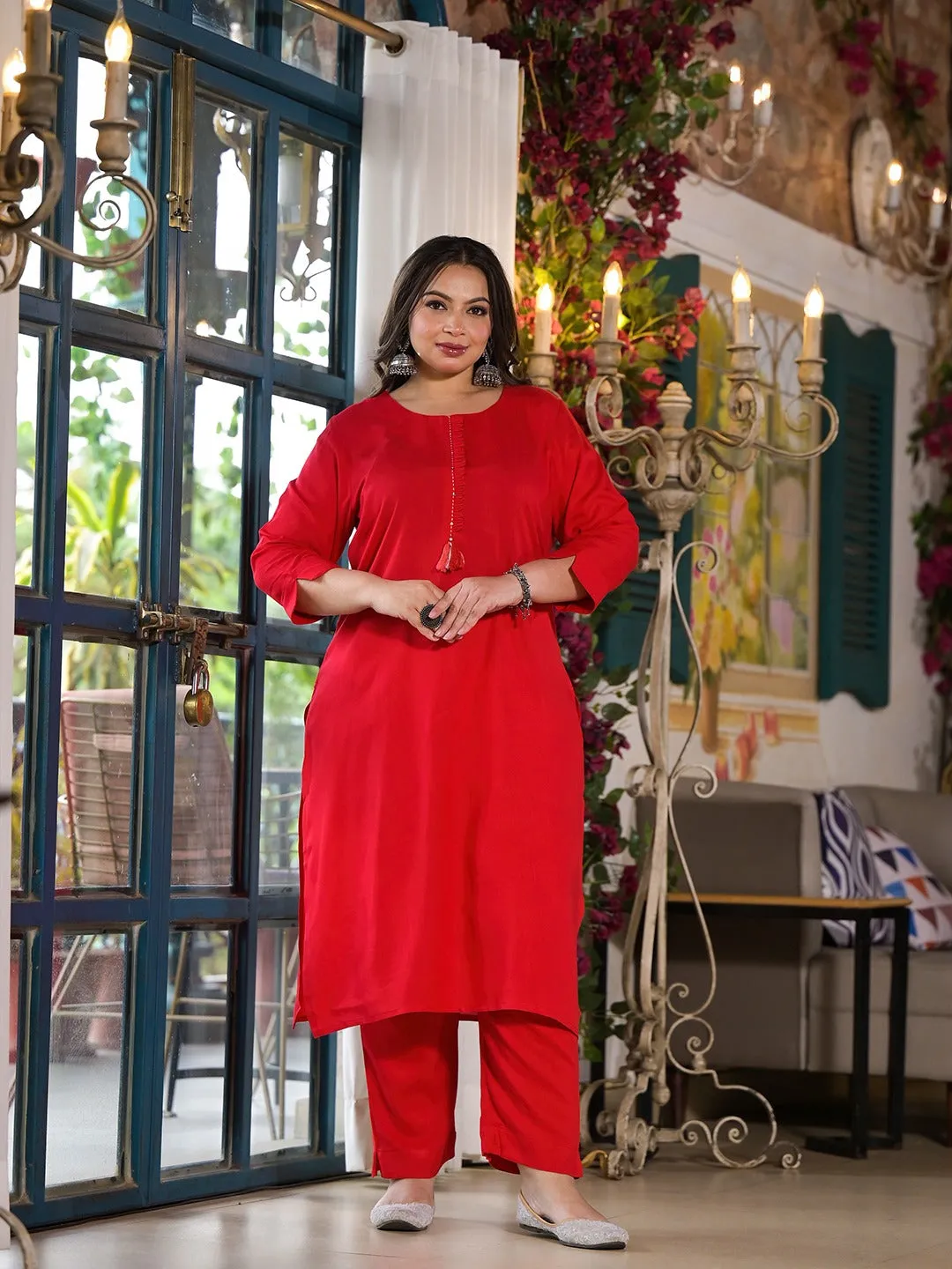 Women Plus Size Red Viscose Rayon Kurta Set With Dupatta