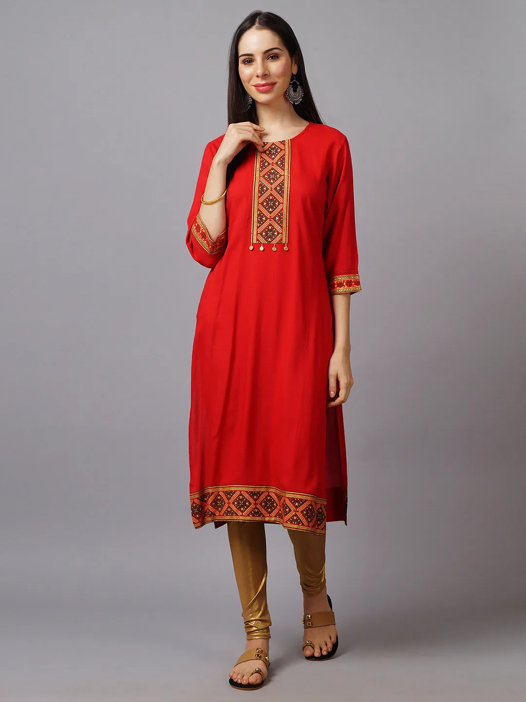 Women Red Ornamental Printed Kurta