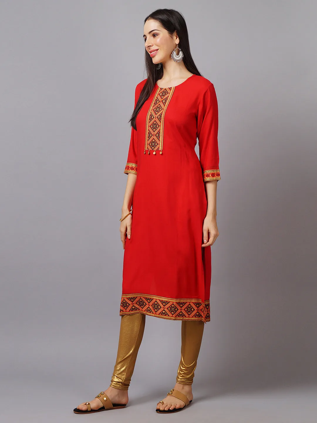 Women Red Ornamental Printed Kurta