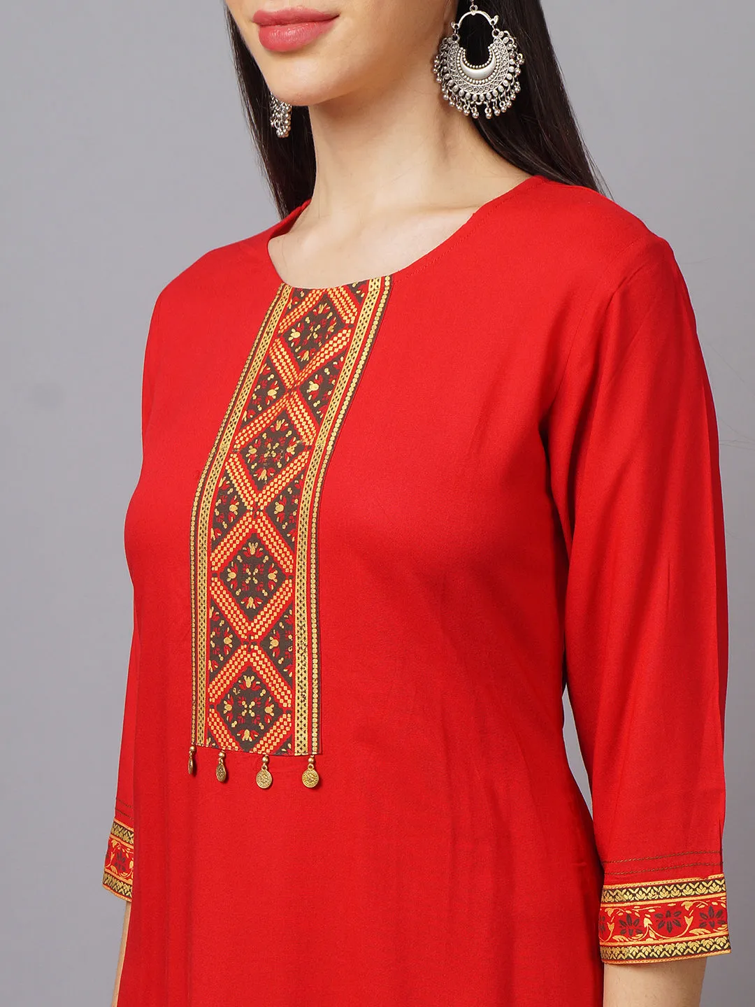 Women Red Ornamental Printed Kurta