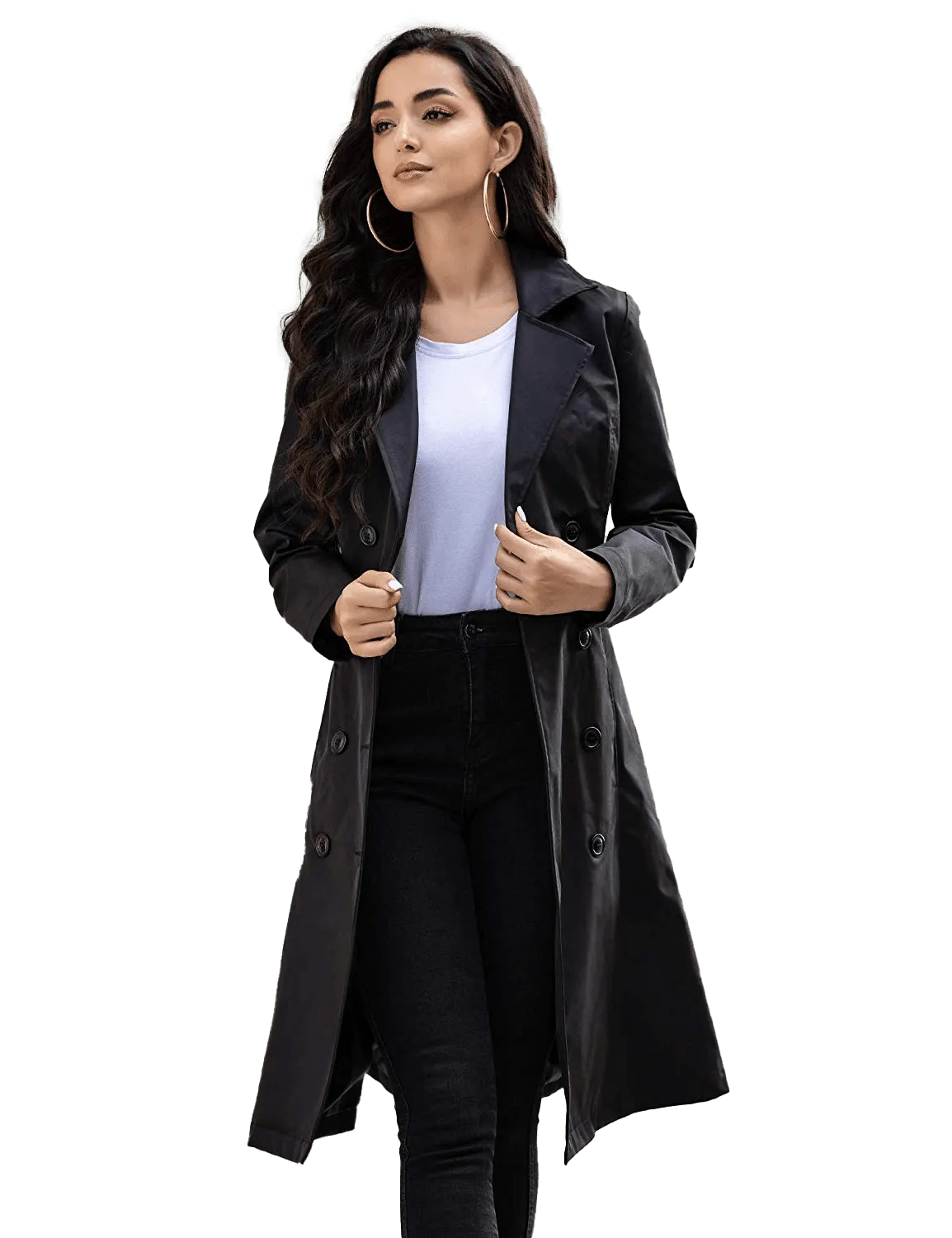 Women's Black Double-Breasted Belted Trench Coat | Womens Long Pea Coat