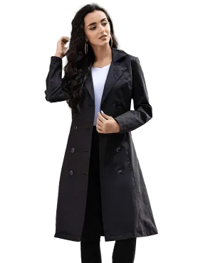 Women's Black Double-Breasted Belted Trench Coat | Womens Long Pea Coat